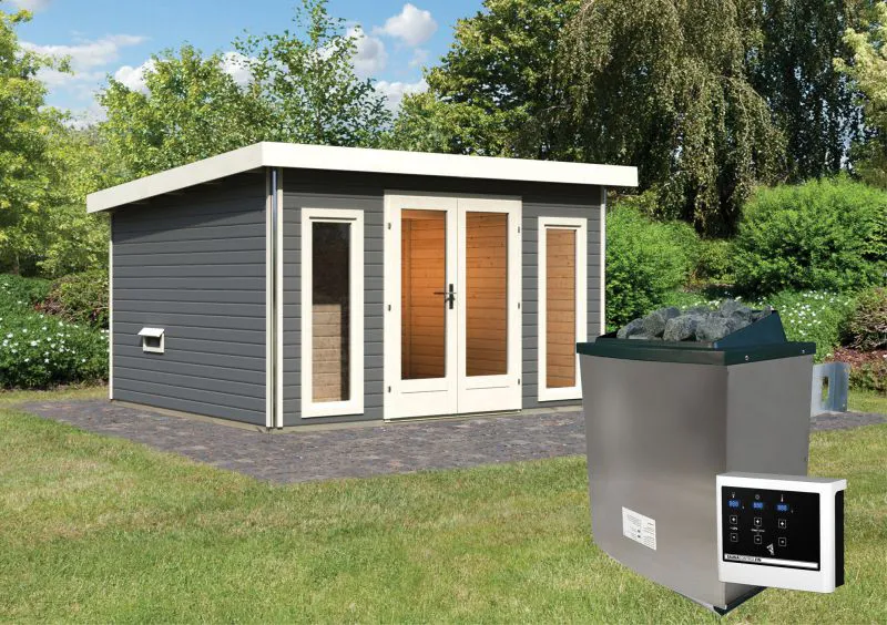 Saunahaus "Anni 2" SET A mit Ofen 9 kW, Farbe: Terragrau - 369 x 309 cm (B x T), Grundfläche: 9,3 m²