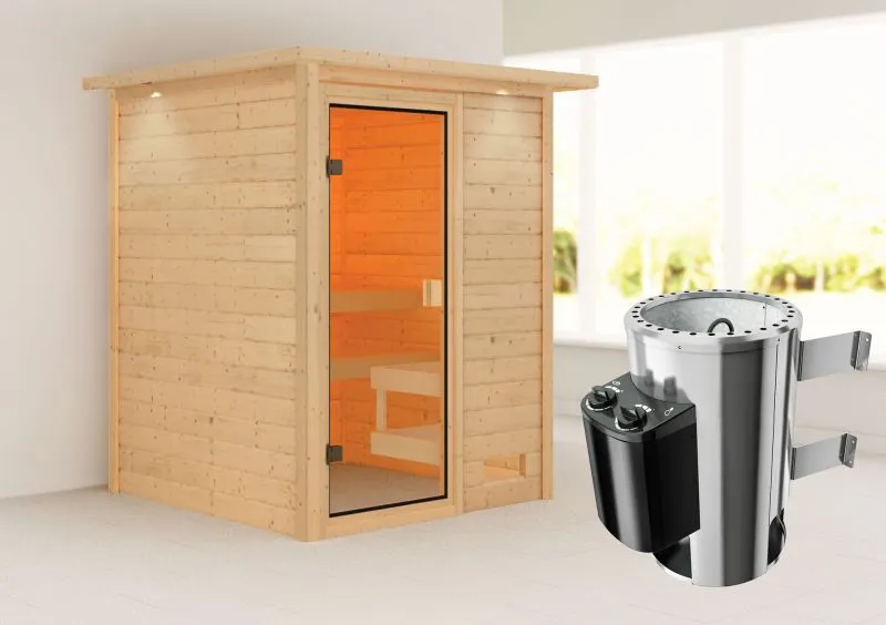 Sauna "Eivind" SET mit bronzierter Tür und Kranz - Farbe: Natur, Ofen 3,6 kW - 173 x 159 x 191 cm (B x T x H)