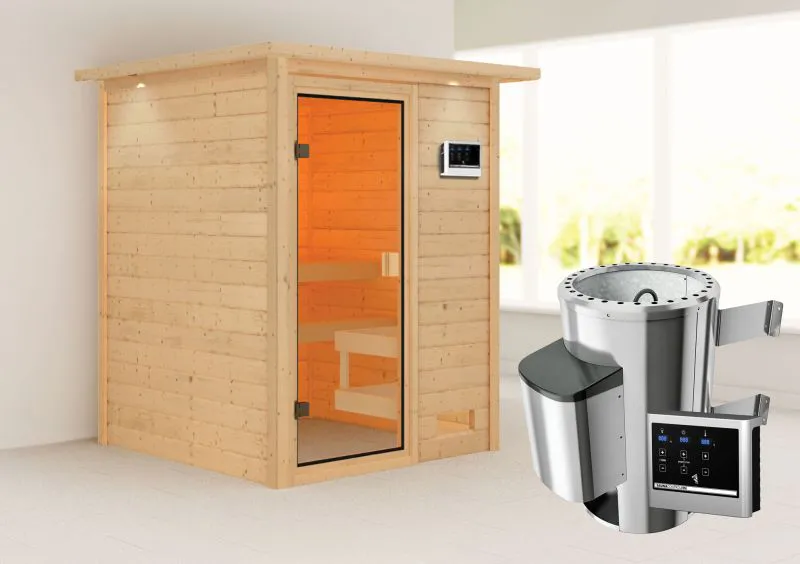 Sauna "Eivind" SET mit bronzierter Tür und Kranz - Farbe: Natur, Ofen externe Steuerung easy 3,6 kW - 173 x 159 x 191 cm (B x T x H)