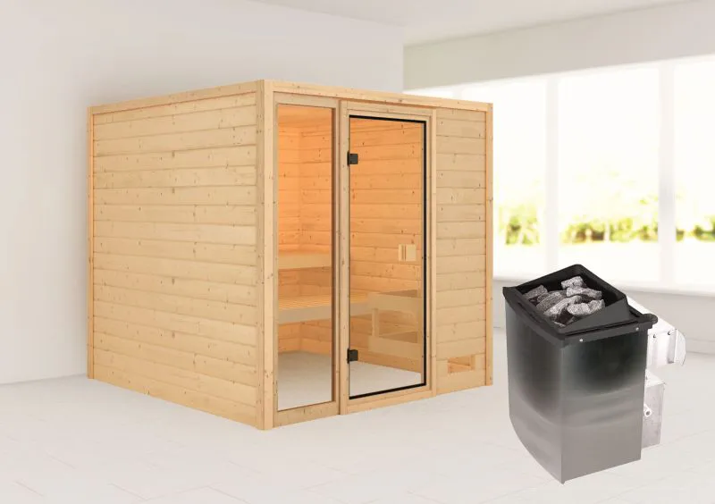 Sauna "Emmik" SET mit bronzierter Tür - Farbe: Natur, Ofen 9 kW - 196 x 196 x 187 cm (B x T x H)