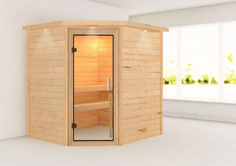 Sauna "Kirsa" mit Klarglastür und Kranz - Farbe: Natur - 224 x 184 x 202 cm (B x T x H)