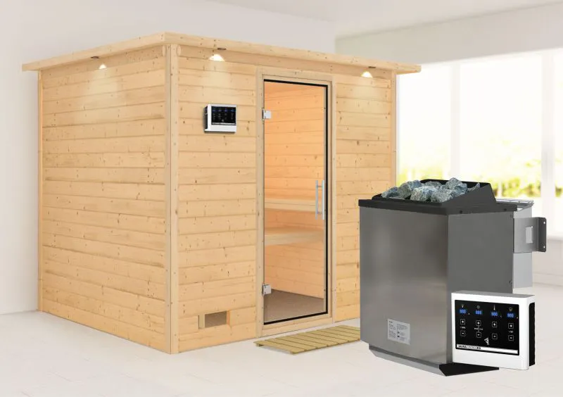Sauna "Leja" SET mit Klarglastür, Kranz & Ofen BIO 9 kW - 259 x 210 x 205 cm (B x T x H)