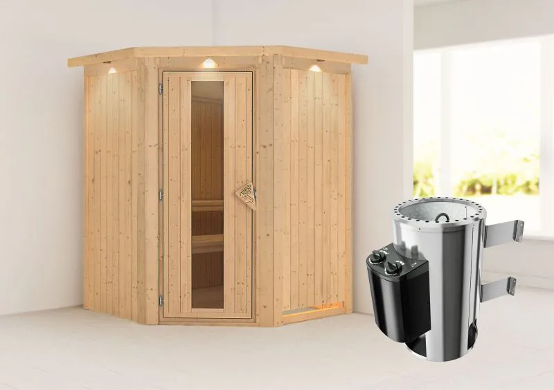 Sauna "Loran" SET mit Energiespartür, Kranz und Ofen 3,6 kW - 165 x 165 x 202 cm (B x T x H)