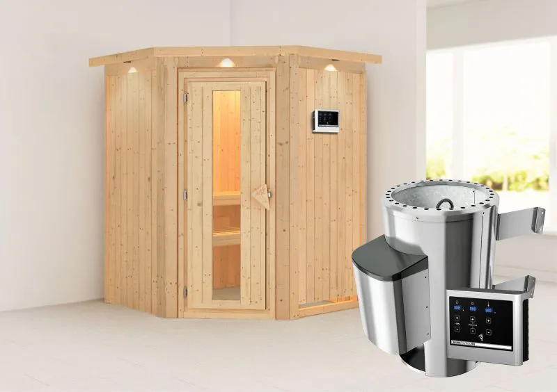 Sauna "Loran" SET mit Energiespartür und Kranz - Farbe: Natur, Ofen externe Steuerung easy 3,6 kW - 165 x 165 x 202 cm (B x T x H)