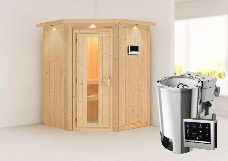 Sauna "Loran" SET mit Energiespartür, Kranz und Ofen BIO 3,6 kW - 165 x 165 x 202 cm (B x T x H)