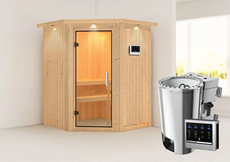 Sauna "Loran" SET mit Klarglastür, Kranz & Ofen BIO 3,6 kW - 165 x 165 x 202 cm (B x T x H)
