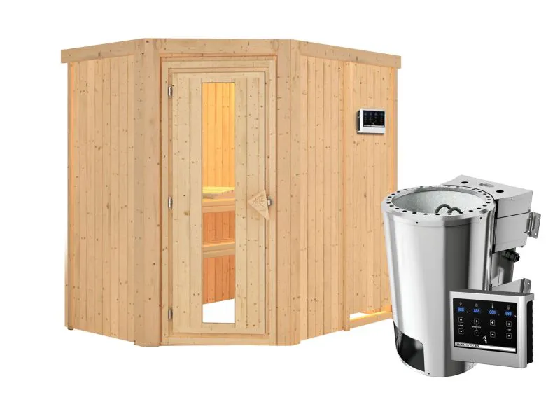 Sauna "Ole" SET mit Energiespartür und Ofen BIO 3,6 kW - 151 x 196 x 198 cm (B x T x H)