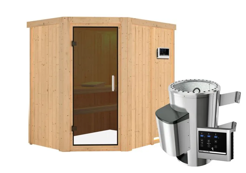 Sauna "Ole" SET mit graphitfarbener Tür - Farbe: Natur, Ofen externe Steuerung easy 3,6 kW - 151 x 196 x 198 cm (B x T x H)