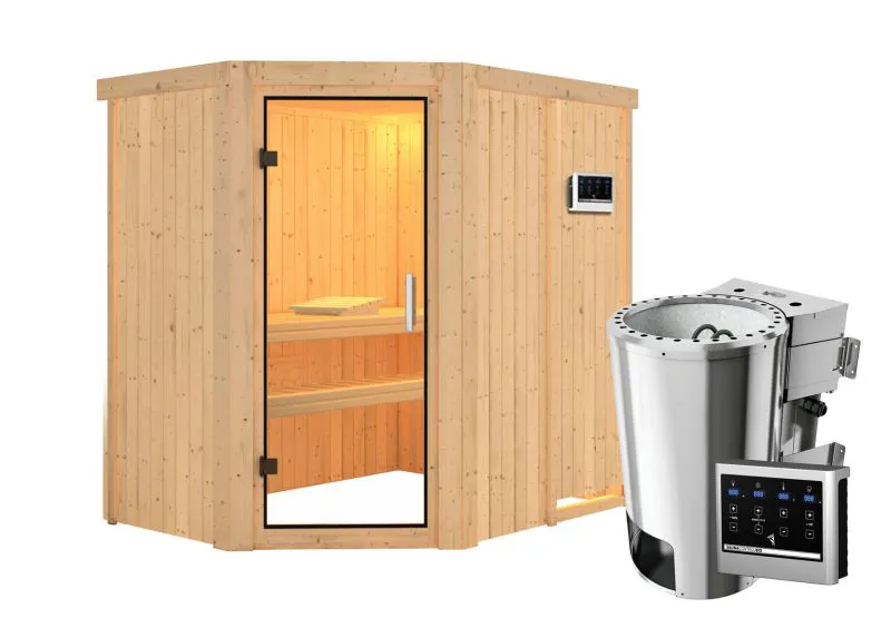 Sauna "Ole" SET mit Klarglastür & Ofen BIO 3,6 kW - 151 x 196 x 198 cm (B x T x H)
