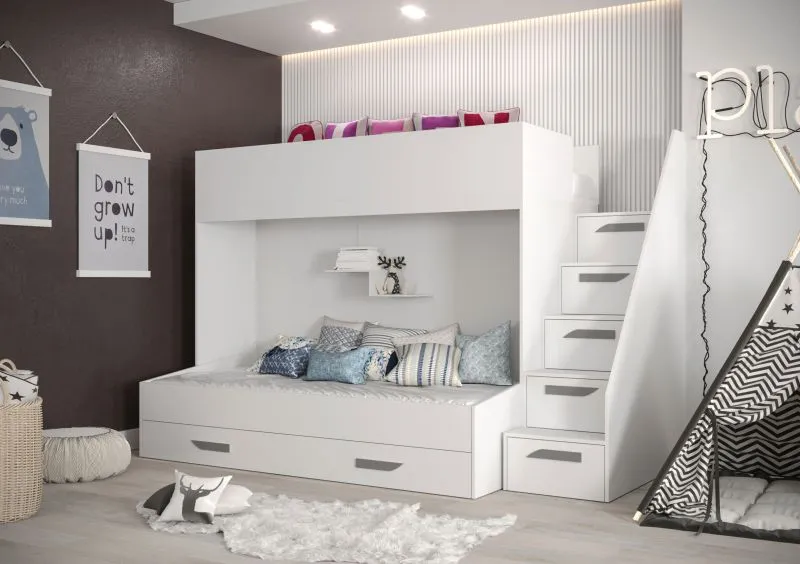 Etagenbett / Kinderbett / Funktionsbett-Kombination - inkl. Bettschublade und Treppe, Jura 41, Weiß / Grau - Liegefläche: 90 x 200 cm / 90 x 185 cm