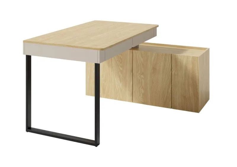 Schreibtisch Fricourt 10, Beige / Eiche hell, 75 x 131 x 140 cm, mit 2 Schubladen und 6 Fächern, Eckschreibtisch, ABS-Kanten, viel Ablagefläche