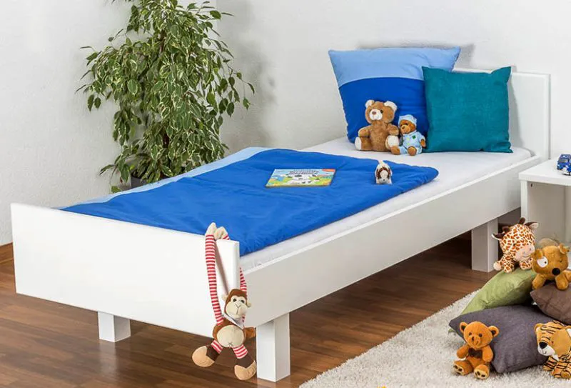 Kinderbett 90 x 200 cm | Massivholz: Buche | Weiß Lackiert Abbildung