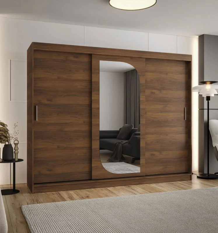 Kleiderschrank / Schiebetürenschrank | Farbe: Walnuss | eine Spiegeltür | 2,5 Meter breit | 10 Fächer | Aluminiumführungen | zwei Kleiderstangen