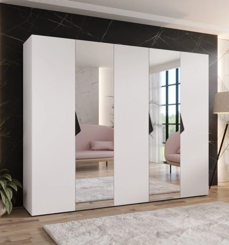 Kleiderschrank | 2 Spiegeltüren | Farbe: Weiß | 2,5 Meter breit | 3 Fächer | Griffe: Schwarz | 3 Kleiderstangen | Maße: 250 x 52 x 202 cm | Soft-Close