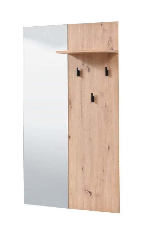 Garderobe mit drei Haken Crina 14, eine Ablagefläche, Spiegel, Farbe: Eiche Artisan, ABS-Kanten, Maße: 132 x 79 x 19,5 cm, für den Vorraum