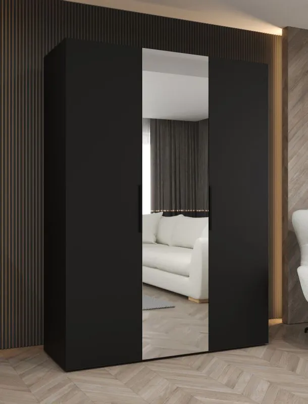 Drehtürenschrank / Kleiderschrank Korab 72, Farbe: Schwarz, eine Spiegeltür, zwei Kleiderstangen, Griffe: Schwarz, 1,5 Meter breit, Soft-Close-Funktion