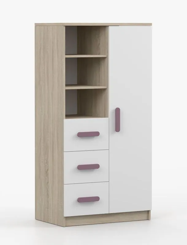 Bücherregal 80 cm breit| Weiß / Sonoma Eiche | Smolikas 30 | 3 Schubladen | 159 x 80 x 40 cm | 7 Fächer | violette Holzgriffe | Kinder | Jugend
