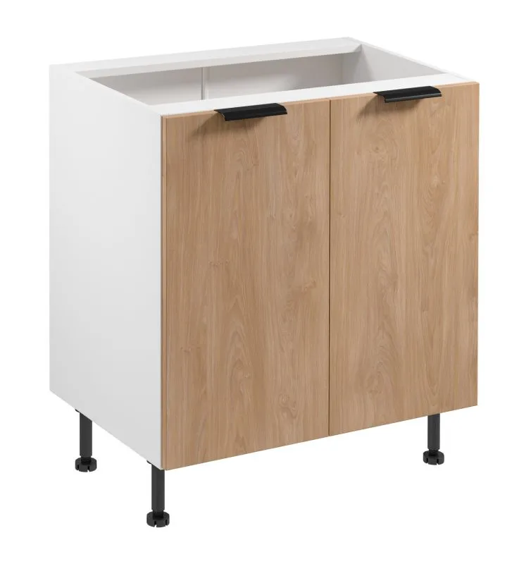 Küchenunterschrank | 2 Drehtüren | Farbe: Weiß / Eiche Puccini | 2 Fächer | Soft-Close Funktion | 80 x 52 x 87 cm | Metallgriffe | verstellbare Beine