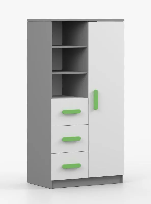 Bücherregal 80 cm breit | Weiß / Grau | Smolikas 36 | 3 Schubladen | grüne Holzgriffe | 7 Fächer | 159 x 80 x 40 cm | Kinder | Jugend