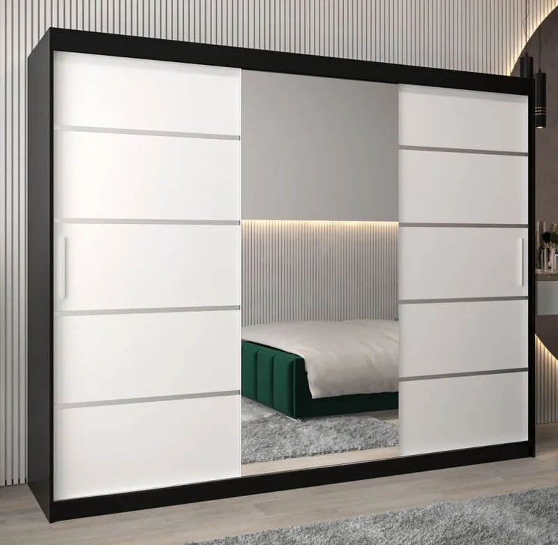 Schiebetürenschrank / Kleiderschrank Jan 06B mit Spiegel, Farbe: Schwarz / Weiß matt - Abmessungen: 200 x 250 x 62 cm ( H x B x T)