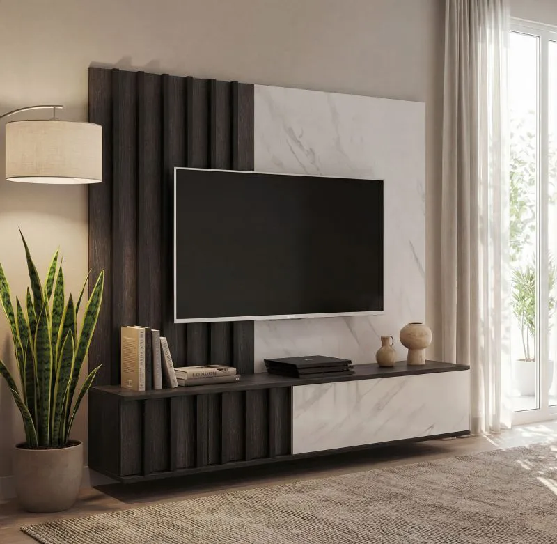 TV-Unterschrank inklusive Wandpaneel | Farbe: Eiche Graphite / Weißer Marmor | geriffelte Front | für Wohnzimmer | 148 x 35 x 160 cm | Push-to-open Funktion