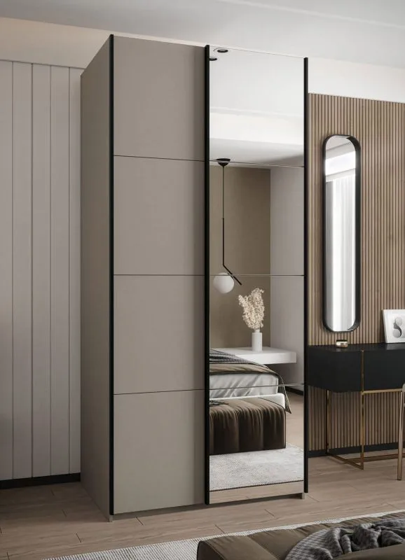 Kleiderschrank / Schiebetürenschrank | Farbe: Kaschmir | Spiegel | 245,5 x 110 x 64 cm | 6 Fächer | 2 Kleiderstangen | 2 Schiebetüren | Soft-Close