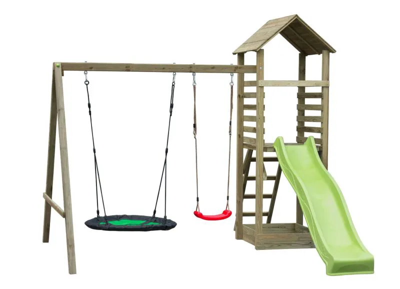 Spielturm PZ02 inkl. Wellenrutsche | Sandkasten | 1 Nestschaukel | Rutsche: Grün| 1 rote Einzelschaukel | Maße: 317 x 343 cm (B x T)