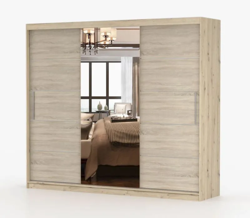 Kleiderschrank / Schiebetürenschrank mit Spiegel | 218 x 250 x 61 cm | Artisan / Eiche | Cevennen 20 | 3 Türen | 12 Fächer | viel Stauraum |Zweifarbig