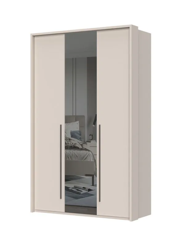 Drehtürenschrank mit drei Türen und Rahmen Neiafu 33, Farbe: Kaschmir, eine Spiegeltür, Soft-Close-Funktion, zwei Kleiderstangen, Maße: 224 x 137 x 56 cm