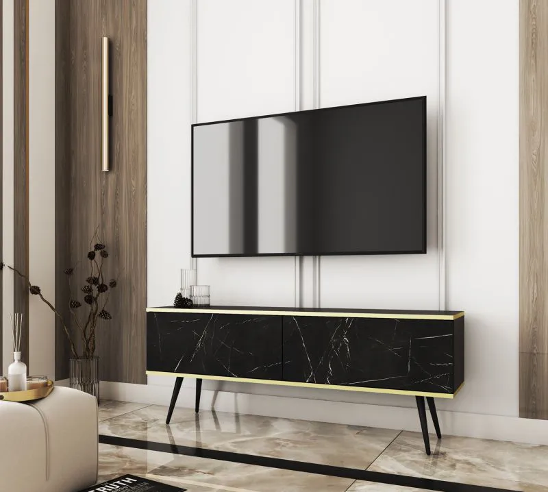 TV-Möbel / TV-Schrank mit Push-to-open Funktion Horsham 28, Farbe: Schwarzer Marmor, zwei Kippfächer, hängend montierbar, ABS-Kantenschutz, für Wohnzimmer