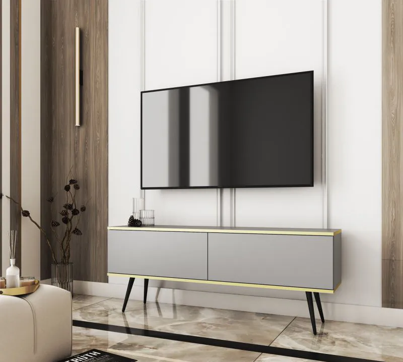 TV-Unterschrank / TV-Schrank mit zwei Kippfächern Horsham 31, Farbe: Grau, hängend montierbar, ABS-Kantenschutz, Push-to-open Funktion, Beine: Schwarz