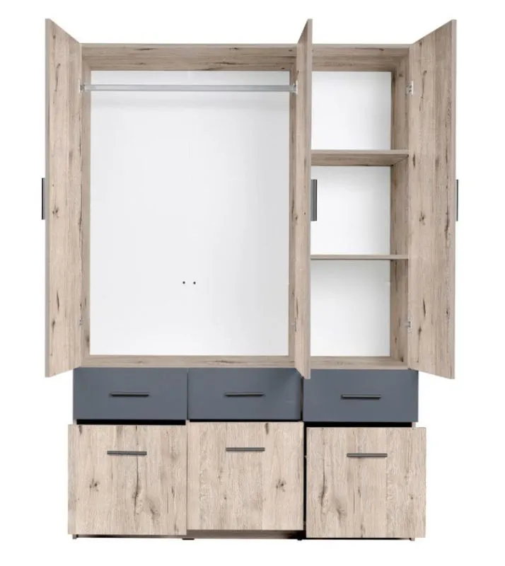 Kleiderschrank | 3 Drehtüren | 6 Schublade | 4 Fächer | mit Kleiderstange | 136 cm breit | Farbe: Eiche Abbildung