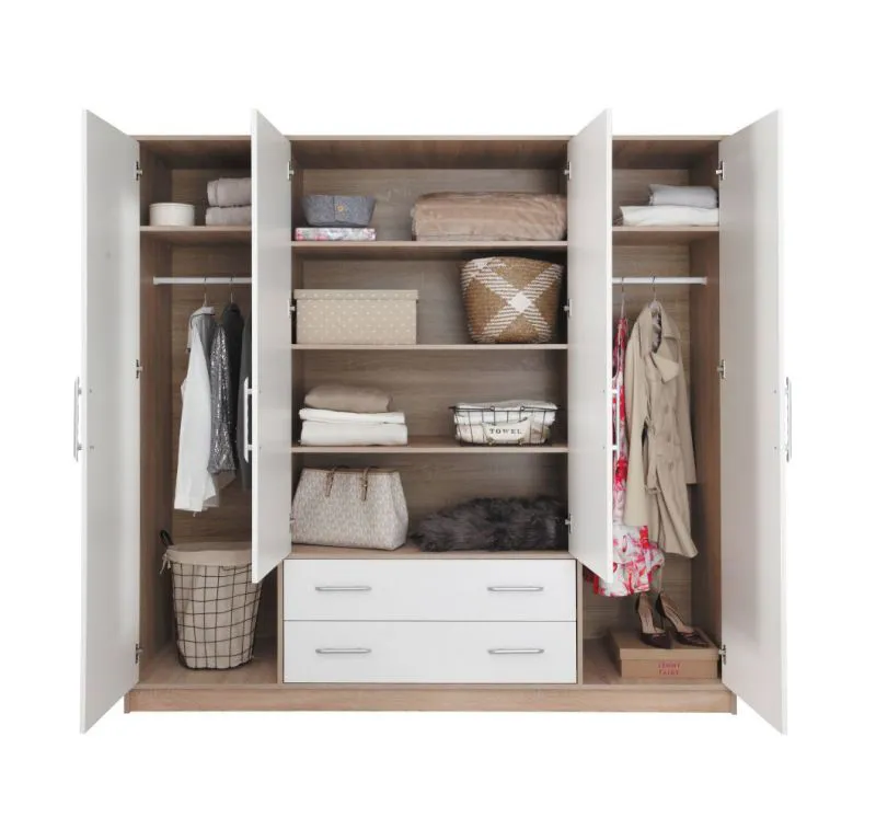 200 cm breiter Kleiderschrank mit 4 Türen, 8 Fächern und 2 Schubladen | Farbe: Weiß | Tiefe: 56 cm Abbildung