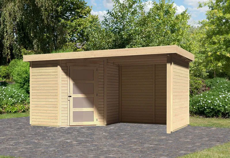 Gartenhaus SET naturbelassen mit Anbaudach 2,4 m Breite, Seiten- und Rückwand, Grundfläche: 4,45m²