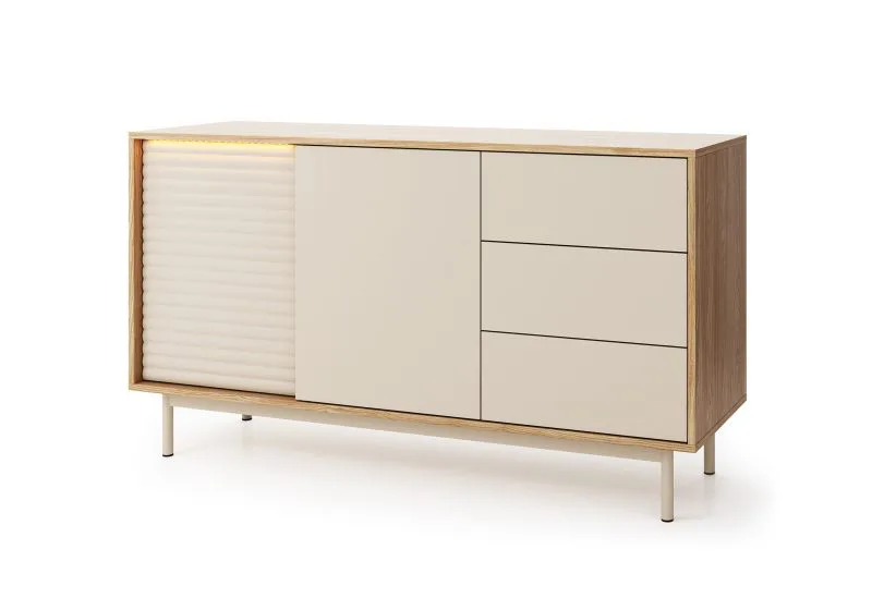 Highboard / Kommode | Farbe: Eiche / Kaschmir | Tamino 03 | 3 Schubladen | 77,1 x 40 x 140 cm | 4 Fächer | 2 Türen | ABS-Kantenschutz | Push to Open