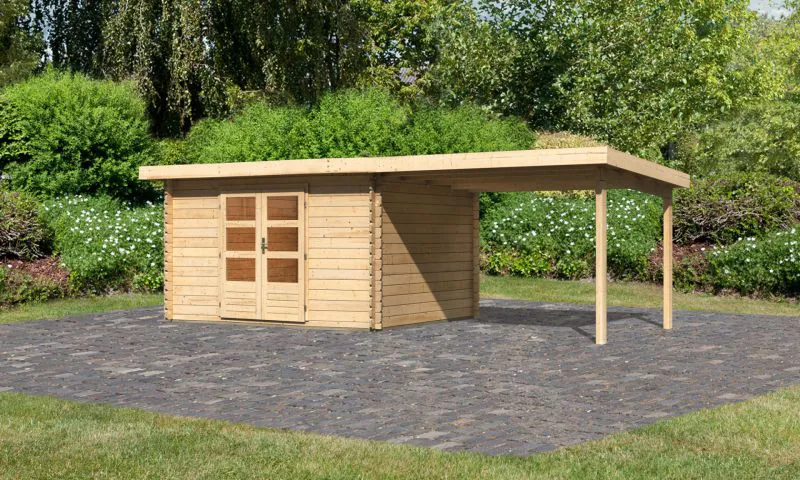 Gartenhaus SET mit Pultdach inkl. Anbaudach, Farbe: Naturbelassen, Grundfläche: 9,52 m²