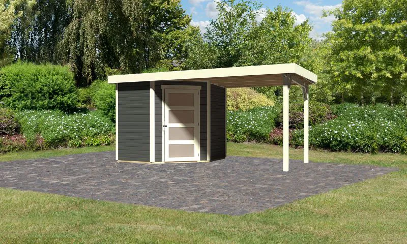 Gartenhaus SET terragrau mit Anbaudach 2,4 m Breite, Grundfläche: 4,45m²