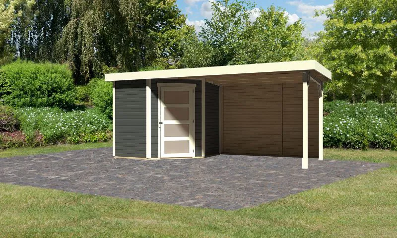Gartenhaus SET terragrau mit Anbaudach 2,8 m Breite, Rückwand, Grundfläche: 4,45m²