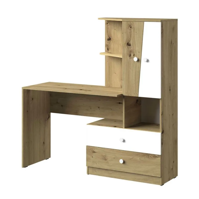Schreibtisch mit Schrankanbau Sirte 11, Farbe: Eiche / Weiß  matt - Abmessungen: 153 x 150 x 50 cm (H x B x T)