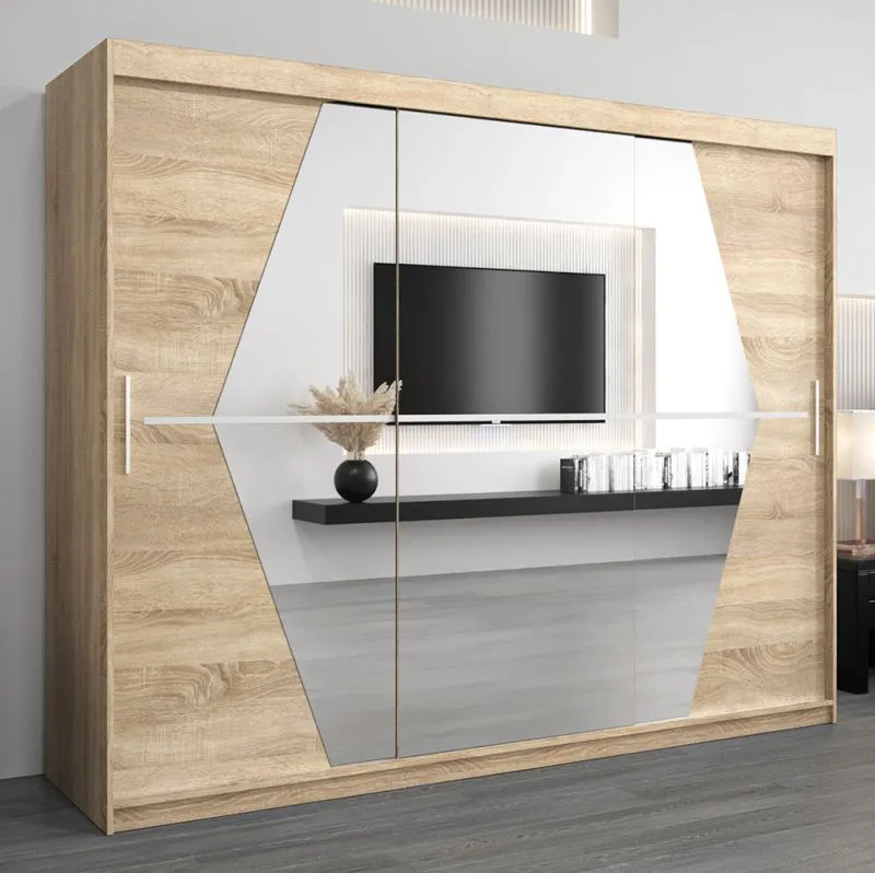 Schiebetürenschrank / Kleiderschrank Alphubel 06 mit Spiegel, Farbe: Eiche Sonoma - Abmessungen: 200 x 250 x 62 cm ( H x B x T)