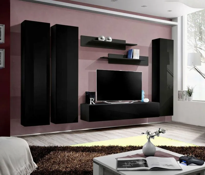 Dunkle Wohnwand Hompland 24, Farbe: Schwarz - Abmessungen: 170 x 260 x 40 cm (H x B x T), mit genügend Stauraum