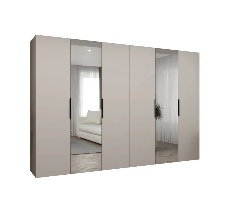 Kleiderschrank / Drehtürenschrank Korab 108, Farbe: Kaschmir, 3 Meter breit, vier Kleiderstangen, Soft-Close, zwei Spiegeltüren, Griffe: Schwarz, vier Fächer