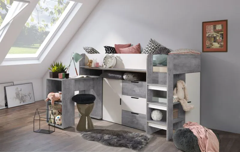 Hochbett / Kinderbett / Funktionsbett-Kombination mit Schreibtisch, Leiter und viel Stauraum Jura 01, Weiß / Beton - Liegefläche: 90 x 200 cm
