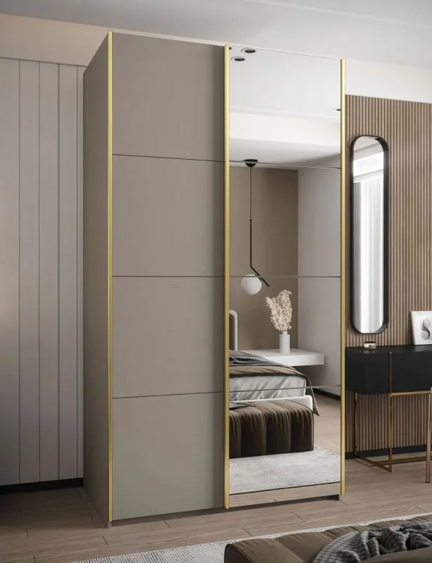 Kleiderschrank / Schiebetürenschrank | 6 Fächer | Farbe: Kaschmir | Soft-Close | Spiegel | 2 Kleiderstangen | 2 Schiebetüren | 245,5 x 130 x 64 cm