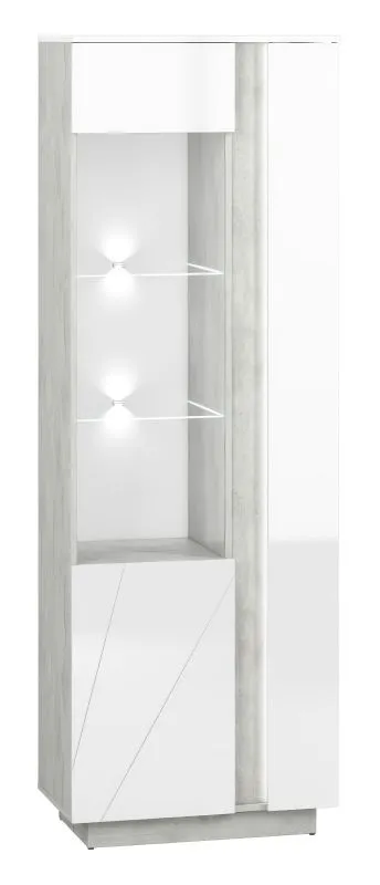 Vitrine Antioch 03, Ausführung: Links, Farbe: Weiß Glanz / Hellgrau - Abmessungen: 201 x 69 x 40 cm (H x B x T), mit 2 Türen und 10 Fächern