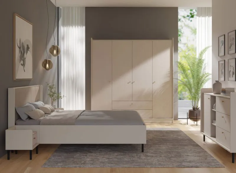 Schlafzimmer Komplett Set | 5-teilig | Farbe: Beige mit Holzstruktur | 4-türiger Kleiderschrank | 160 x 200 cm Doppelbett | 2 Nachtkommoden | eine Kommode