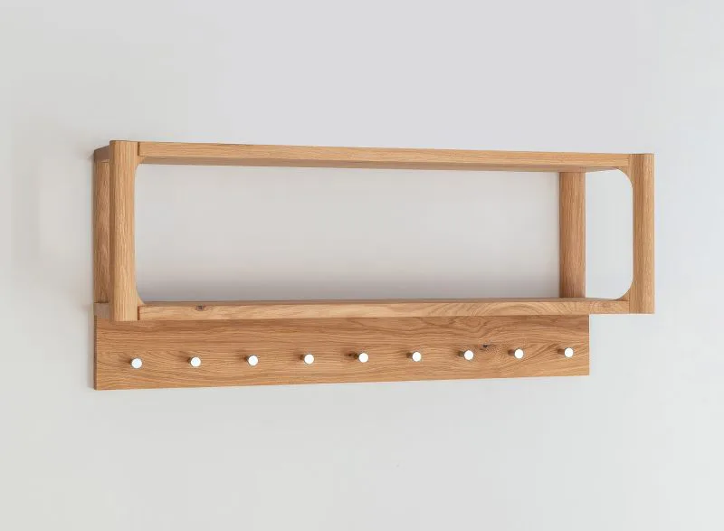 Garderobe | 9 Haken | Massivholz | Eichenholz geölt | mit Ablage | Farbe: Eiche | 83 x 22 x 36 cm | Seille 21