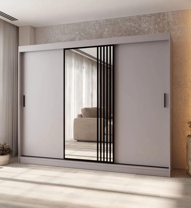 Schiebetürenschrank | 10 Fächer | Kaschmir | 2 Kleiderstangen | hochwertig Verarbeitet | Kleiderschrank | 250 x 62 x 200 cm | dekorative Spiegeltür