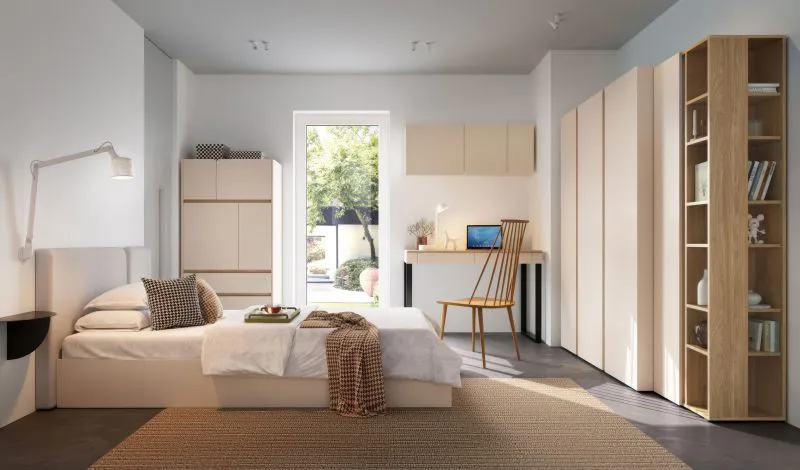 Schlafzimmer Komplett - Set A Fricourt, 6-teilig, Beige / Eiche hell, angenehmes Design, harmonische Farben, einfache und rasche Montage