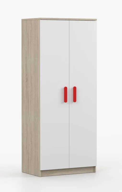 Kleiderschrank / Drehtürenschrank | Smolikas 53 | Weiß / Sonoma Eiche | 2 Türen | 192 x 80 x 50 cm | 5 Fächer | rote Holzgriffe | Kleiderstange